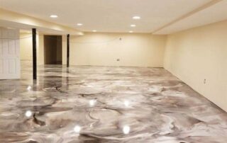 This image shows basement with a metallic epoxy floor.